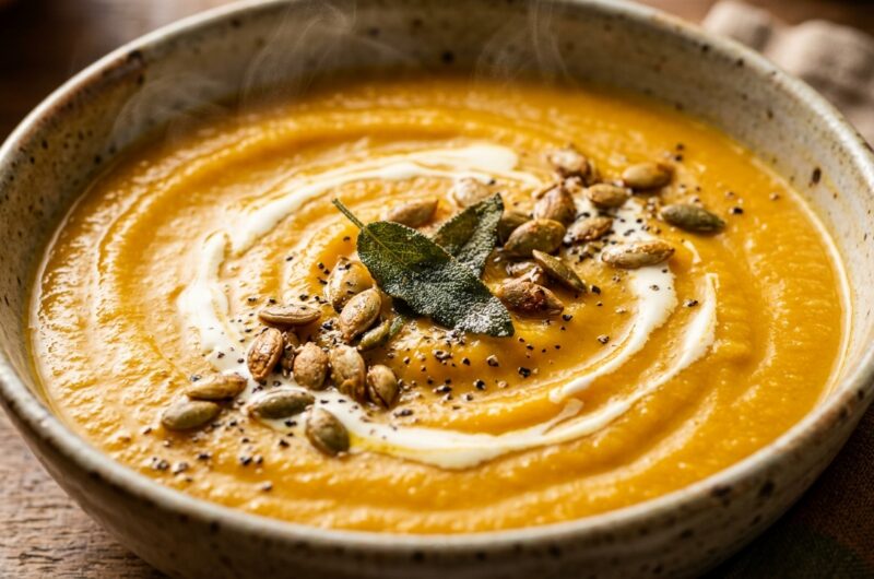 Ultra close-up macro of velvety roasted butternut squash and apple soup garnished with toasted pepitas, sage, and cream