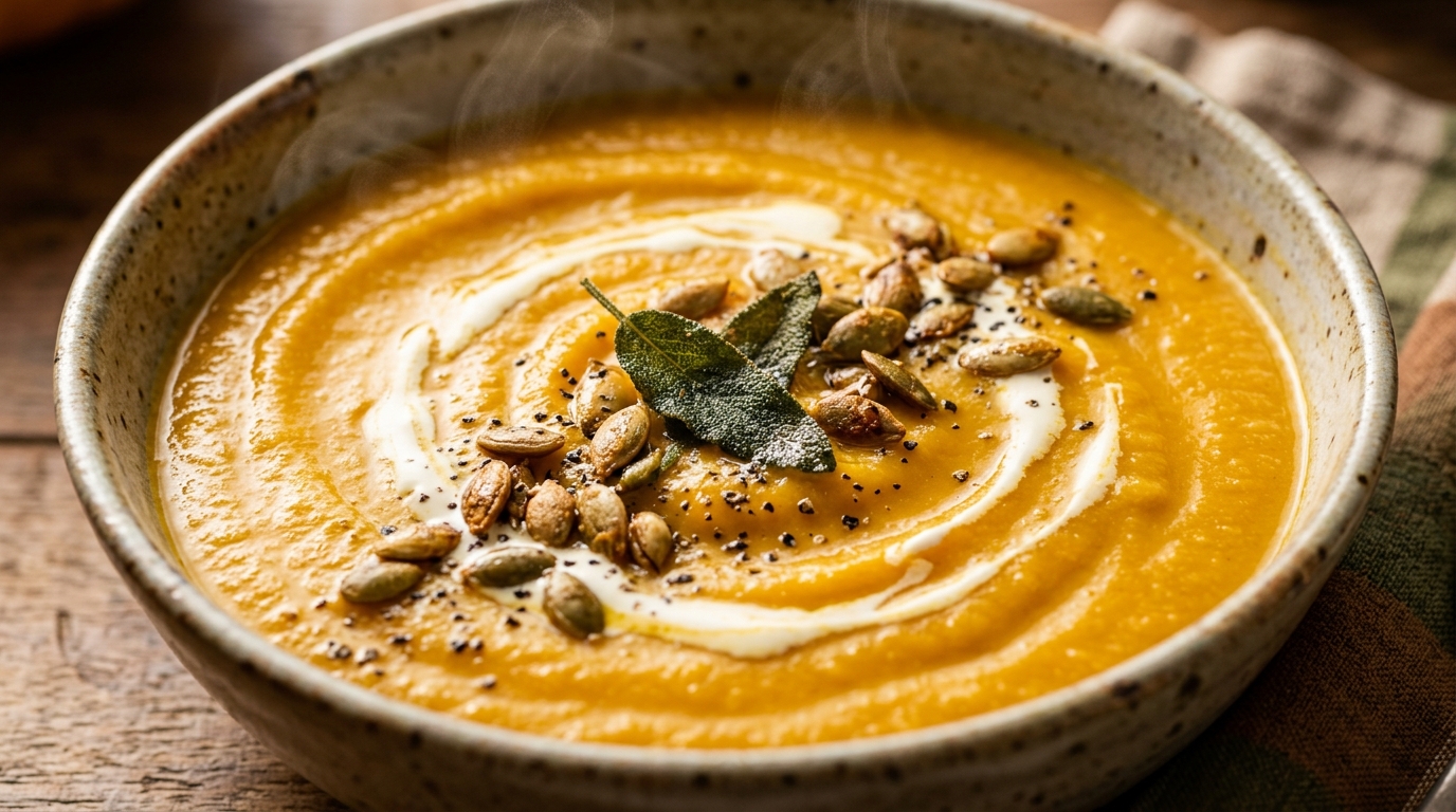 Ultra close-up macro of velvety roasted butternut squash and apple soup garnished with toasted pepitas, sage, and cream