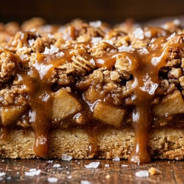 Ultra close-up macro of salted caramel apple crisp bars with buttery shortbread and dripping caramel