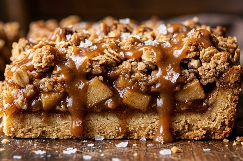 Ultra close-up macro of salted caramel apple crisp bars with buttery shortbread and dripping caramel