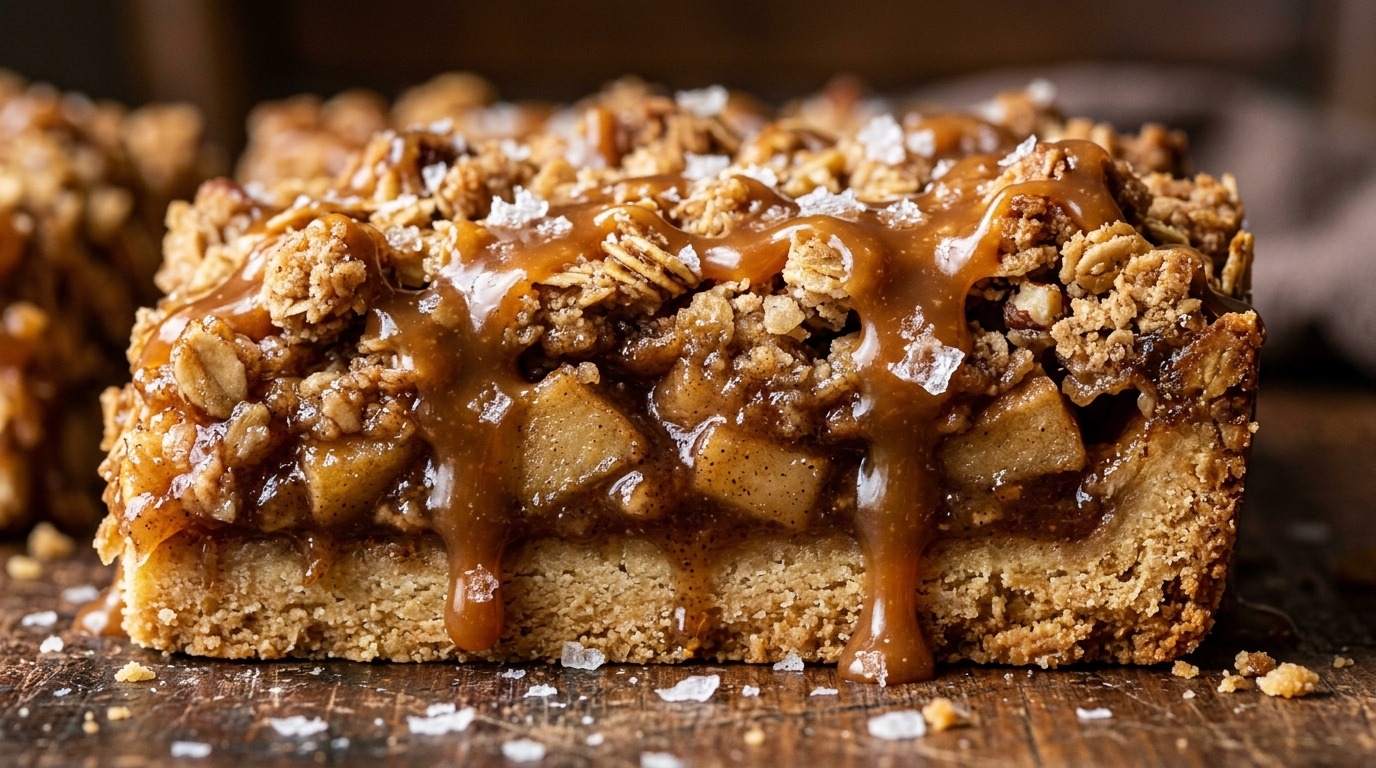 Ultra close-up macro of salted caramel apple crisp bars with buttery shortbread and dripping caramel