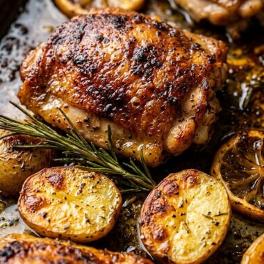 Ultra close-up macro of crispy golden sheet pan lemon rosemary chicken thighs and tender baby potatoes