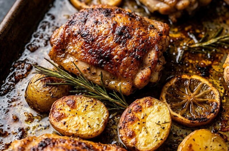 Ultra close-up macro of crispy golden sheet pan lemon rosemary chicken thighs and tender baby potatoes