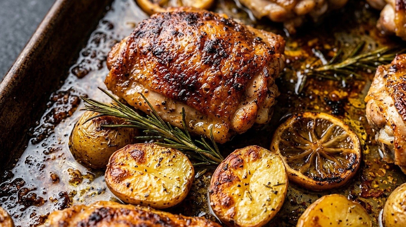 Ultra close-up macro of crispy golden sheet pan lemon rosemary chicken thighs and tender baby potatoes