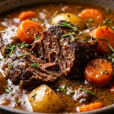 Ultra close-up macro of tender slow cooker beef stew with baby potatoes and carrots in rich herb gravy