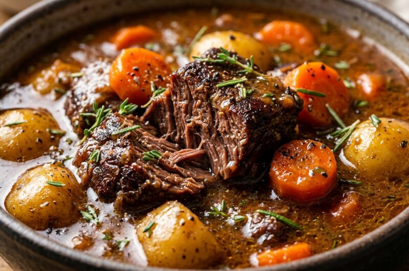 Ultra close-up macro of tender slow cooker beef stew with baby potatoes and carrots in rich herb gravy