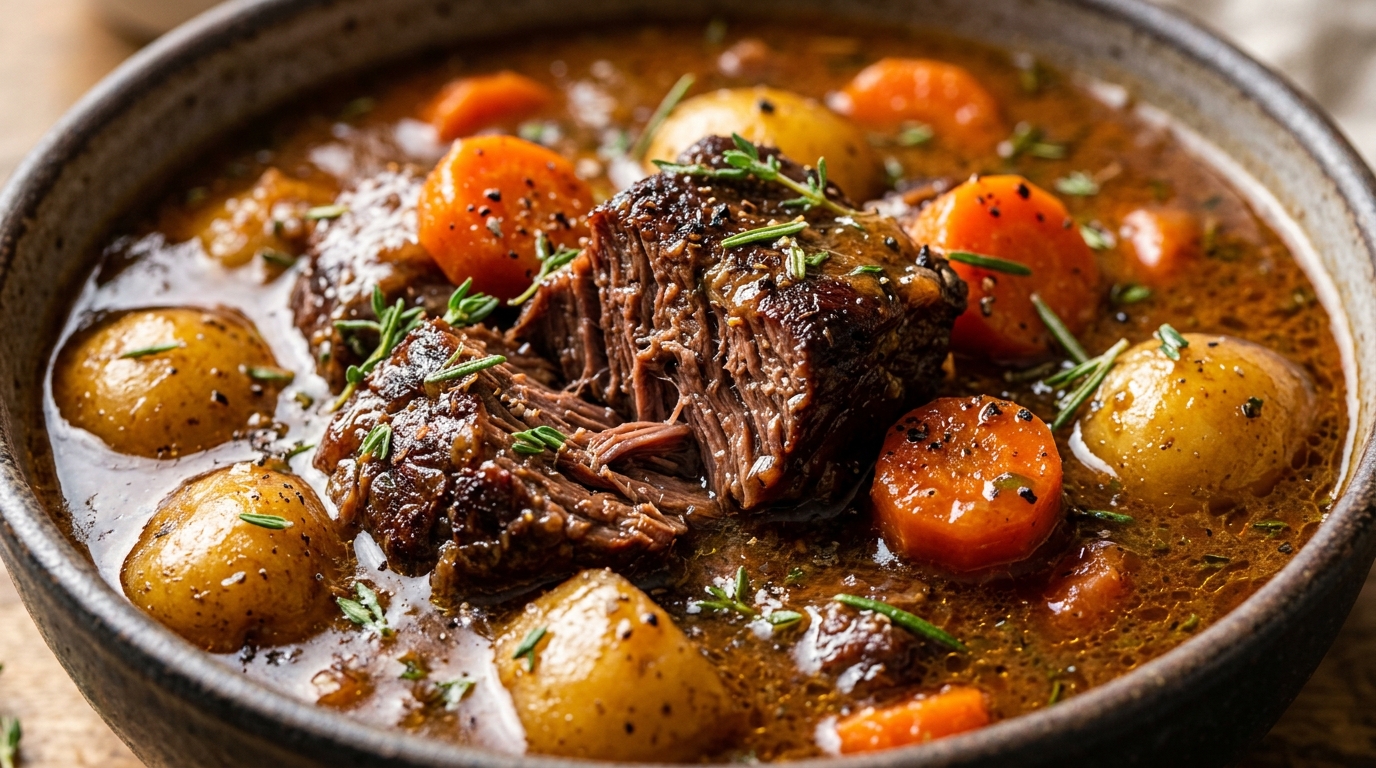 Ultra close-up macro of tender slow cooker beef stew with baby potatoes and carrots in rich herb gravy