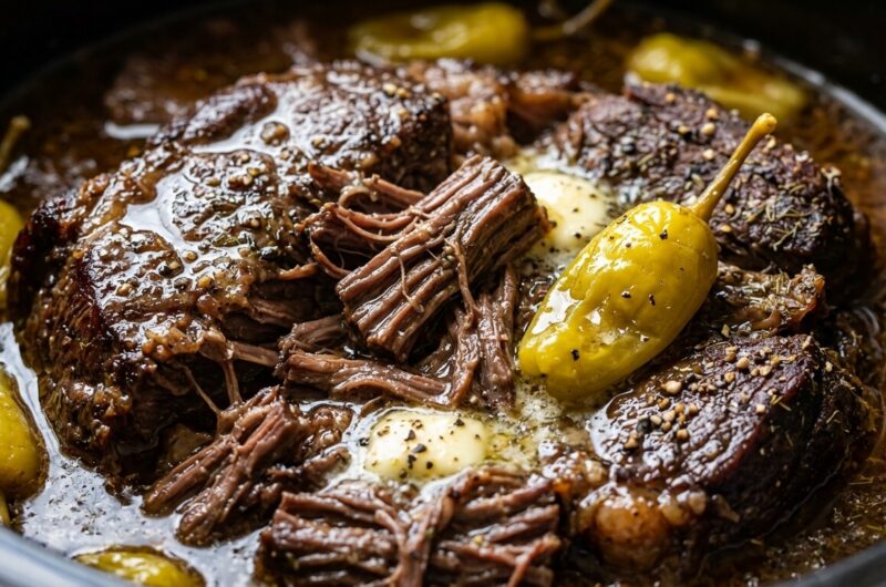 Ultra close-up macro of slow cooker Mississippi pot roast with tender shredded beef, golden pepperoncinis, and rich buttery au jus gravy