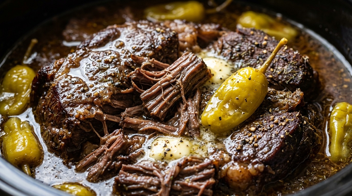Ultra close-up macro of slow cooker Mississippi pot roast with tender shredded beef, golden pepperoncinis, and rich buttery au jus gravy