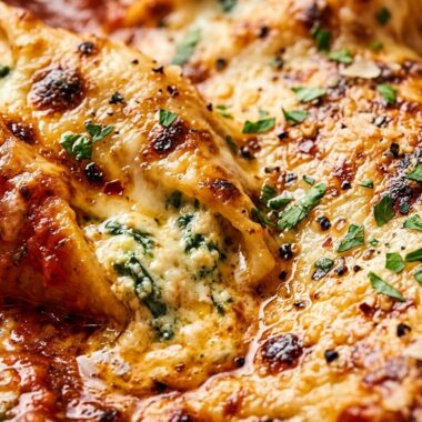 Ultra close-up macro of bubbling creamy spinach and ricotta stuffed jumbo pasta shells
