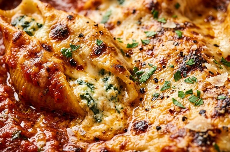 Ultra close-up macro of bubbling creamy spinach and ricotta stuffed jumbo pasta shells