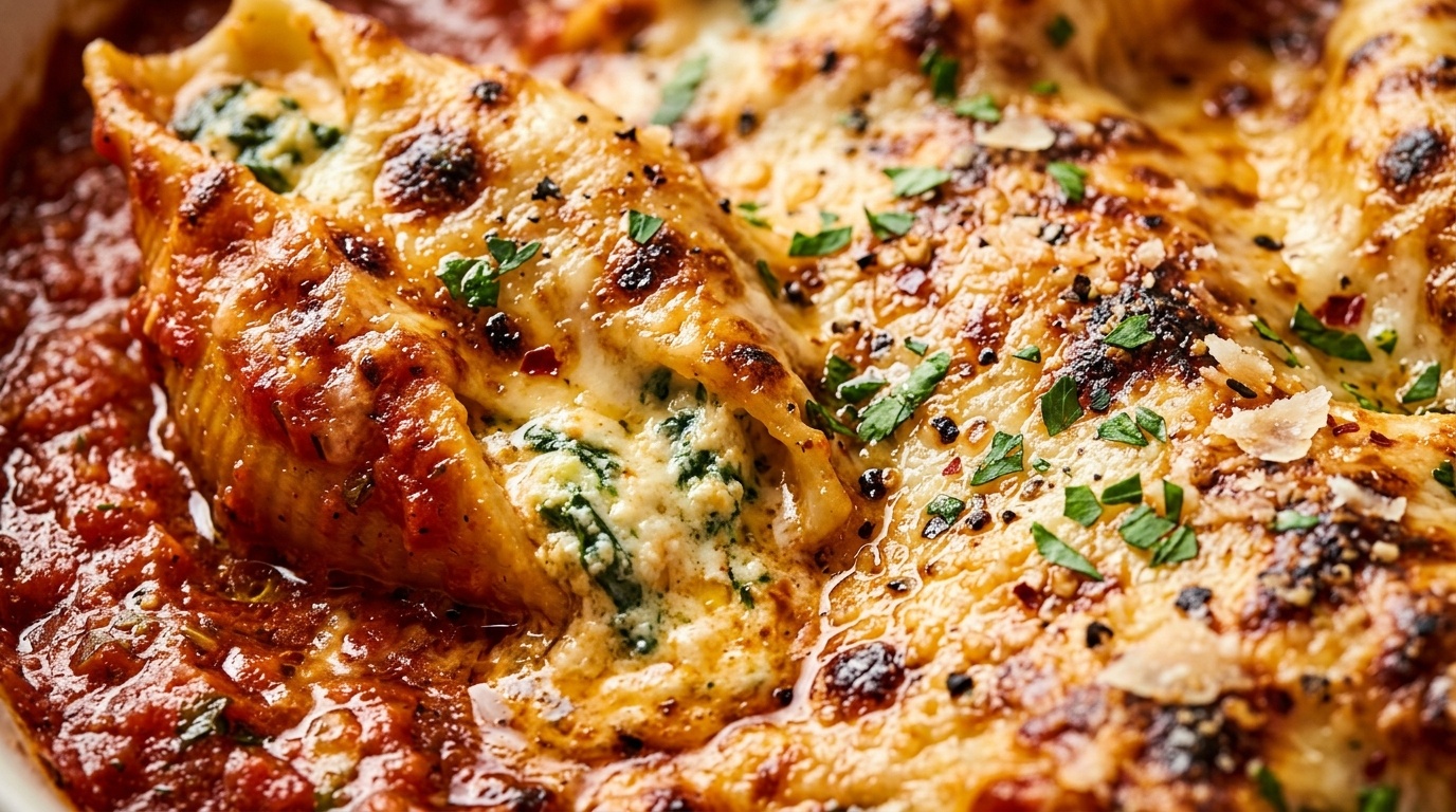 Ultra close-up macro of bubbling creamy spinach and ricotta stuffed jumbo pasta shells