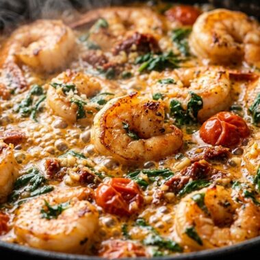 Ultra close-up macro of creamy Tuscan garlic butter shrimp simmering in cast iron skillet