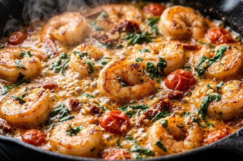 Ultra close-up macro of creamy Tuscan garlic butter shrimp simmering in cast iron skillet