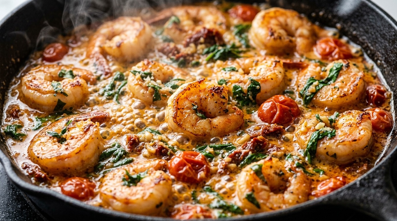 Ultra close-up macro of creamy Tuscan garlic butter shrimp simmering in cast iron skillet