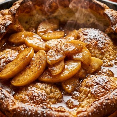 Fluffy Cinnamon Apple Dutch Baby Pancake ultra close-up macro
