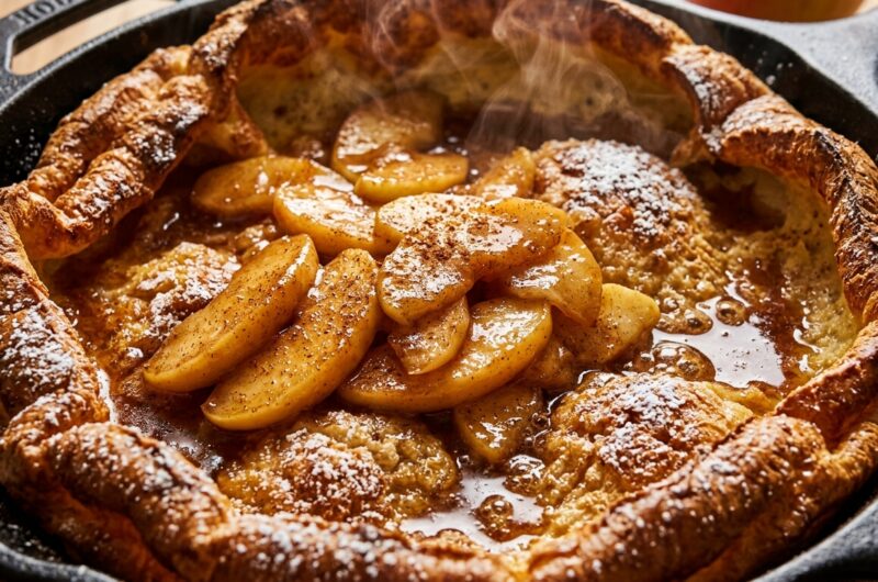 Fluffy Cinnamon Apple Dutch Baby Pancake ultra close-up macro