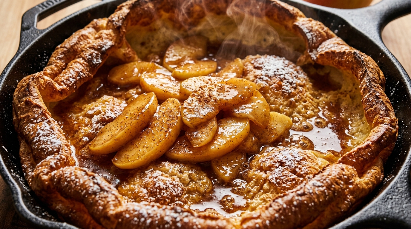 Fluffy Cinnamon Apple Dutch Baby Pancake ultra close-up macro