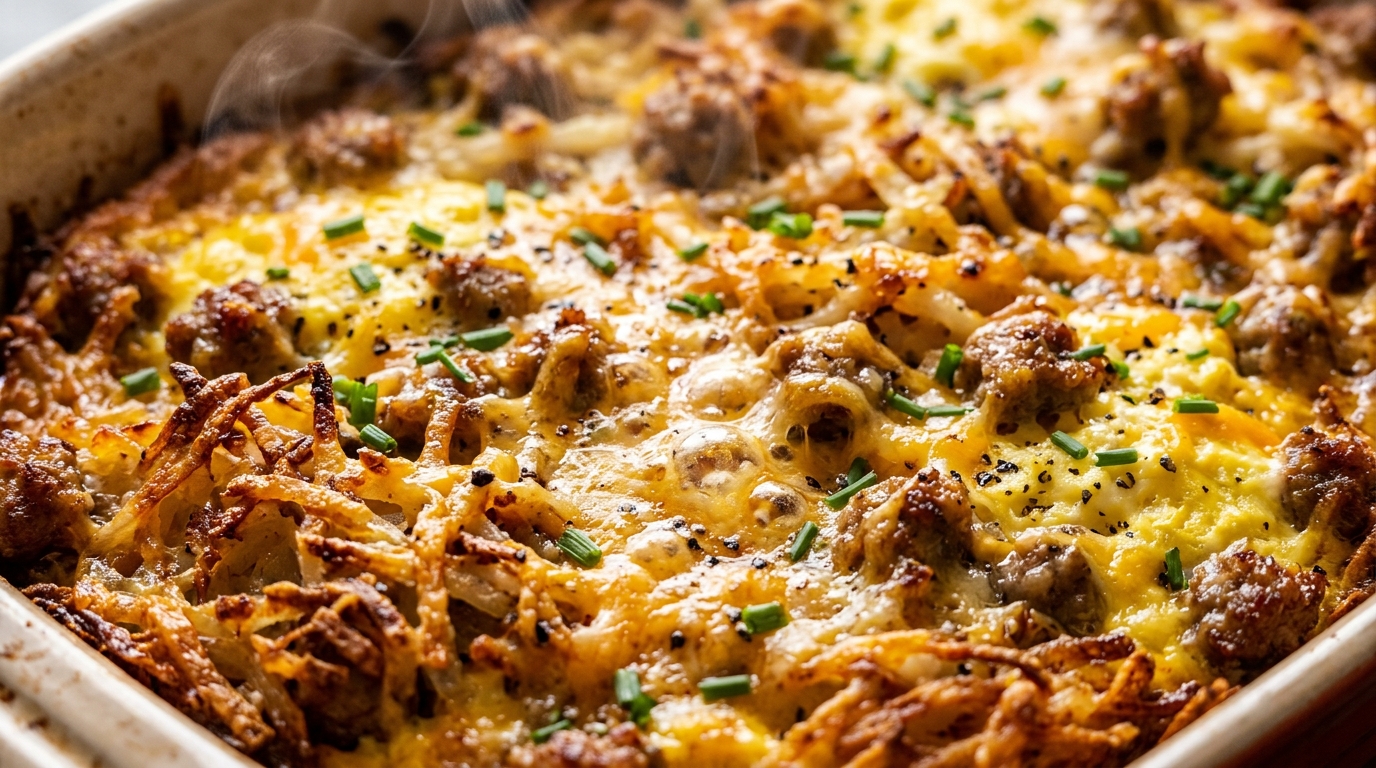 Easy Loaded Breakfast Hashbrown Casserole ultra close-up macro