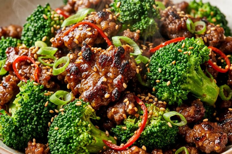 Easy Korean Ground Beef and Broccoli Bowls ultra close-up macro