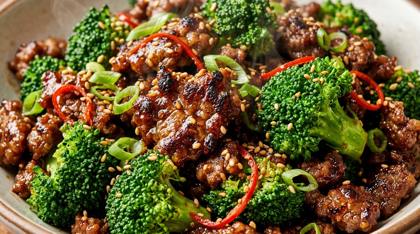 Easy Korean Ground Beef and Broccoli Bowls ultra close-up macro