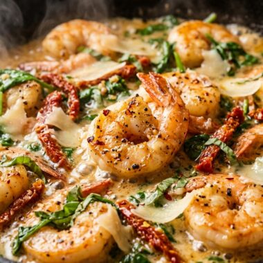 Creamy Garlic Butter Tuscan Shrimp ultra close-up macro