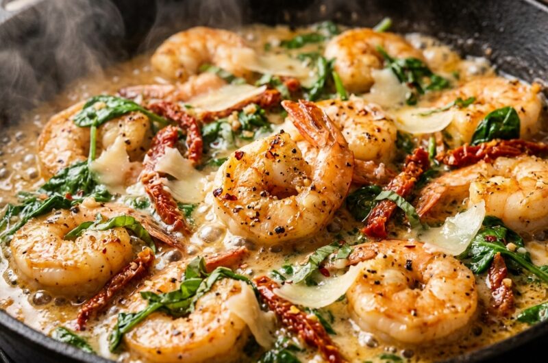 Creamy Garlic Butter Tuscan Shrimp ultra close-up macro