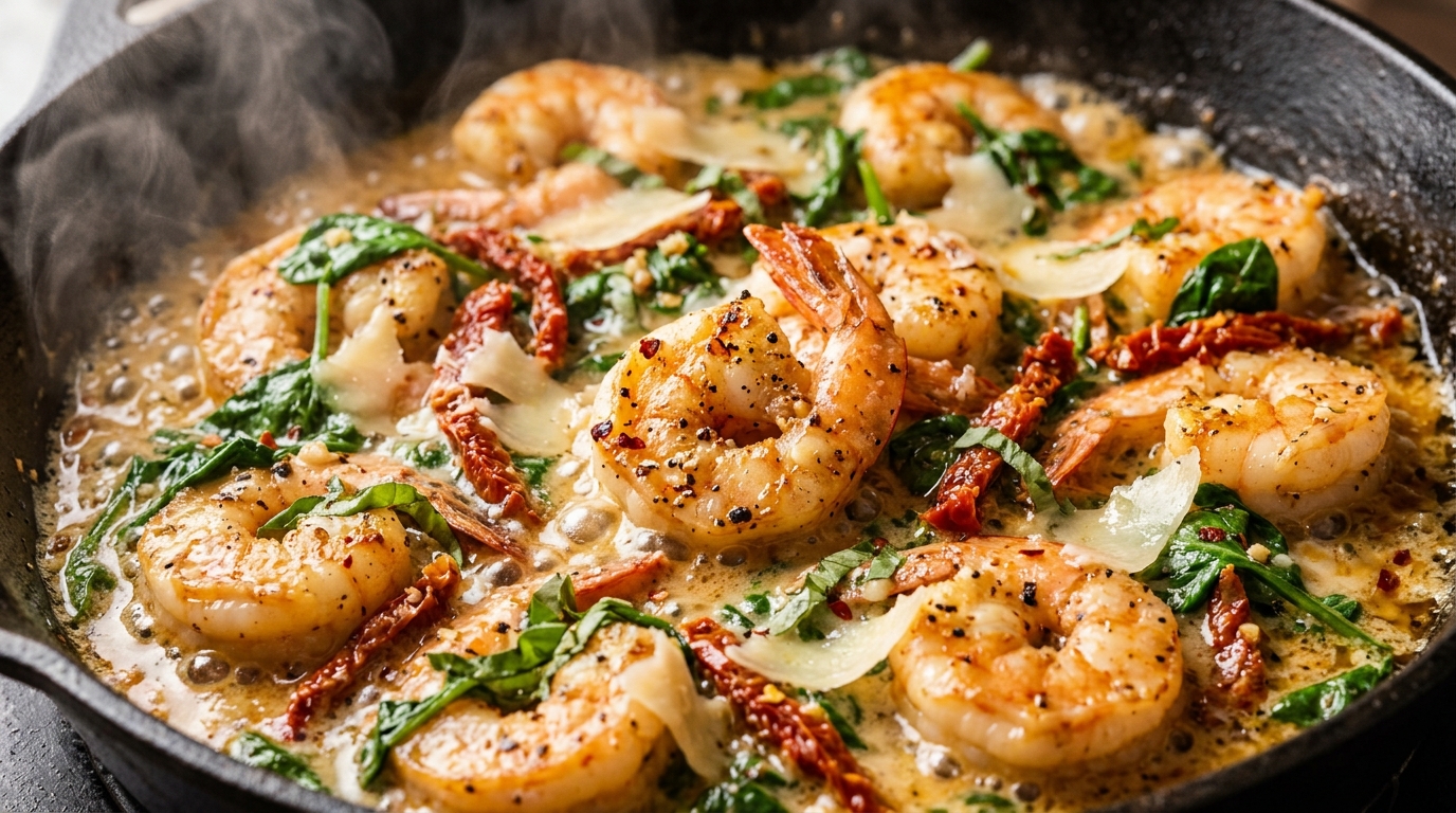Creamy Garlic Butter Tuscan Shrimp ultra close-up macro